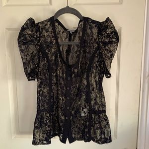 Lace button-up peplum top with gold detail